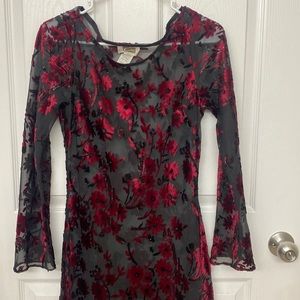 Floor length black mesh and velvet floral dress